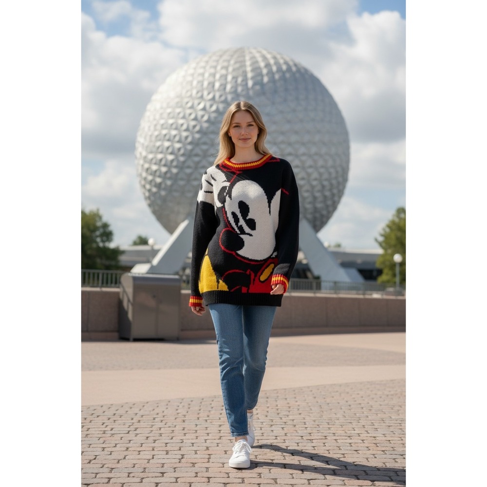 Mickey and Co Womens Black Knit Sweater Graphic Print Disney Character Size L